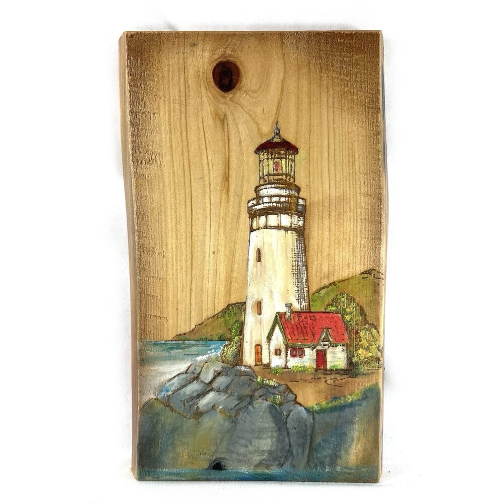 Live Edge Gifts Lighthouse Wood Wall Art Coastal Nautical Hand Painted Plaque - Picture 3 of 7